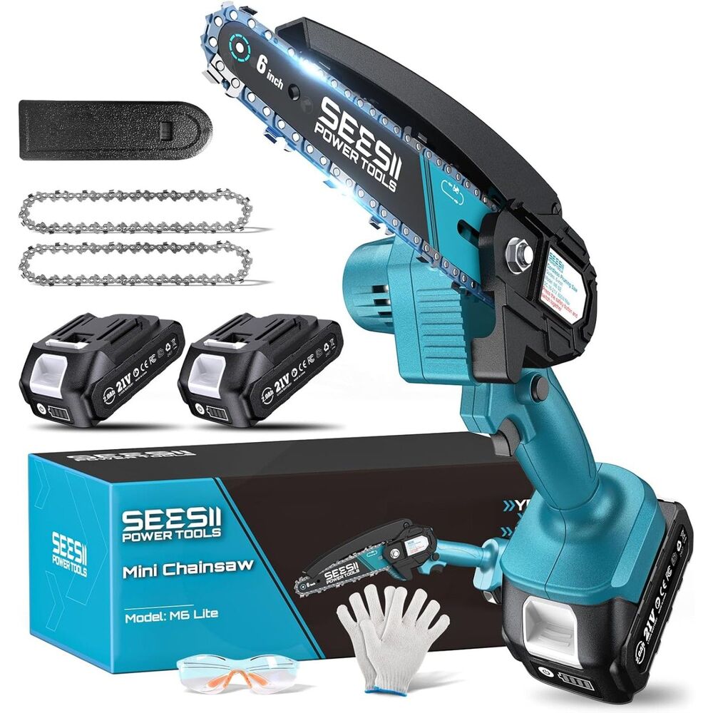 SEESII mini chainsaw is equipped with a powerful 900W motor and 2 batteries